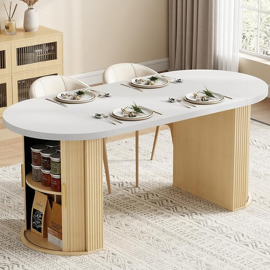 IRONCK 71" Fluted Oval Dining Table for 4-6, Modern Farmhouse Kitchen Table with Storage Shelves, Thickened Gray & White Quartz Top and Sturdy Base for Dining Room or Home Office, Oak
