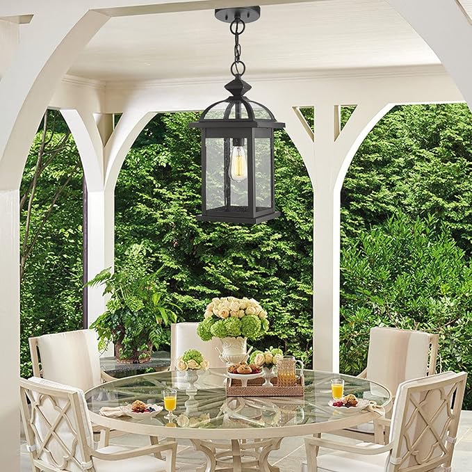Darkaway Outdoor Pendant Light Fixture Lantern, Large 20inch Hanging Porch Light with Glass Aluminum Outdoor Pendant Lights for Porch, Patio, Entryway (Large, Black)