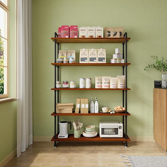 Industrial Bookshelf, 5-Tier Pipe Shelf, Wall Mounted Bookcase for Home and Office (Walnut Brown, 48" L x 11.8" W x 70" H)