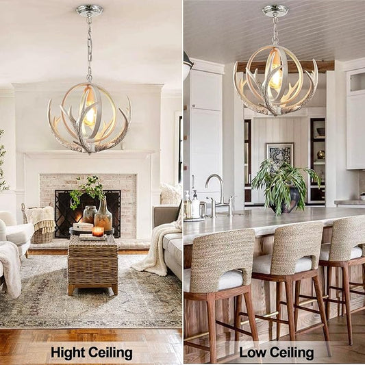Rustic Antler Chandelier Dining for Dining Room, Unique Design Farmhosue 4 Antlers Chandeliers with Retro Globe Frame Antler Light Fixtures for Living Room Kitchen Foyer(Antique White)