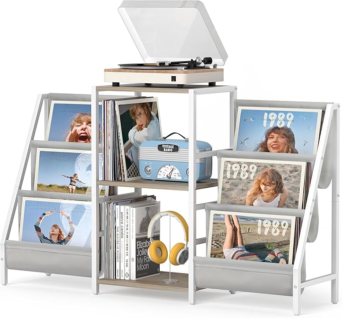 Record Player Stand with Vinyl Storage, Record Player Table with Record Storage 200 Albums, Turntable Stand with Record Holder Vinyl Display Shelf, Record Cabinet Media Stereo