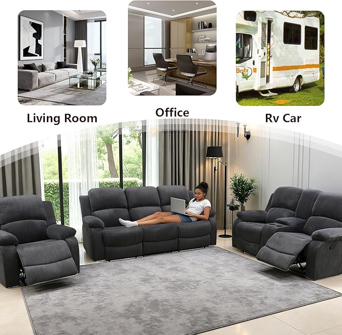 Fabric Recliner Sofa Set Grey Loveseat Couch Chair Set Living Room Furniture Sets 3PCS Manual Reclining Sofa Set with Cup Holders and Storage Console for Living Room/Office (Grey, 3 PCS Set)