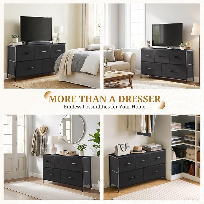 Dresser with 5 Drawers for Bedroom, Fabric Clothes Cabinet for Closet, Anti-Tip TV Stand for 45" TV, Storage Dresser with Metal Frame for Living Room, Entryway, Dorm, Black