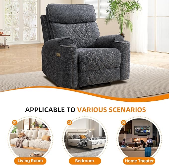 EBELLO Power Recliner Chair, Electric Fabric Reclining Sofa with Cup Holders, USB Charging Ports, for Living Room, Bedroom and Meeting Room, Grey