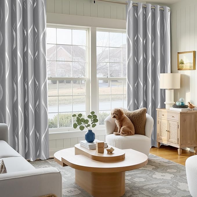 NICETOWN Silver Grey Blackout Curtain Panels for Office, W66 x L84, Heat Blocking Privacy Protection Wave Line Foil Print Design Drapes for Bedroom and Living Room, 2 Panels