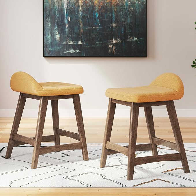 Signature Design by Ashley Lyncott Contemporary 24.25" Seat Height Counter Height Upholstered Bar Stool with Foam Cushion, 2 Count, Mustard Fabric, Solid Hardwood Frame with Brown Finish