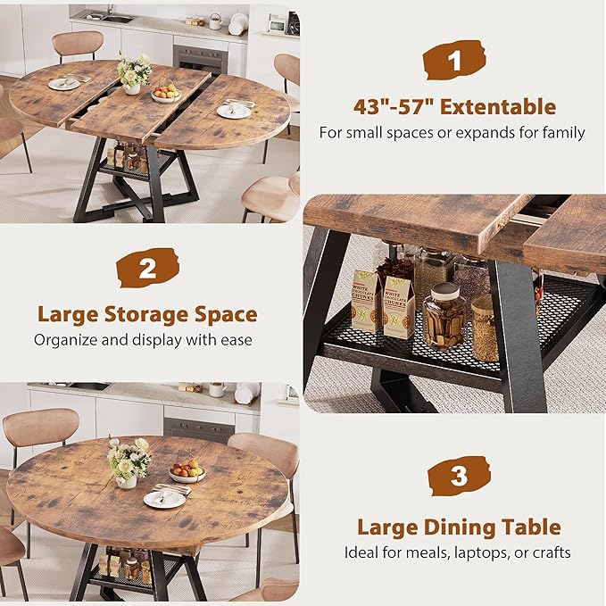 Round Dining Table Kitchen Dining Room Dinner Table for 4-6, Space Saving Extendable Oval Circle Furniture with Pedestal Base and Storage Shelf for Kitchen Living Room (Vintage, for 4-6)
