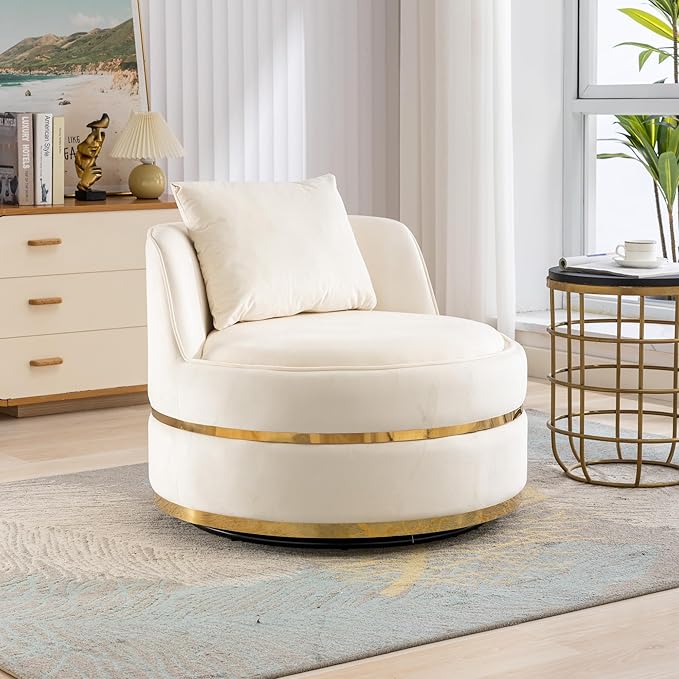 Merax 360° Swivel Accent Chair 32.6" Velvet Modern Upholstered Barrel Chair Comfy Soft Round Reading Sofa Chair with Seat Cushion for Living Room, Bedroom, Office, Apartment (Beige)