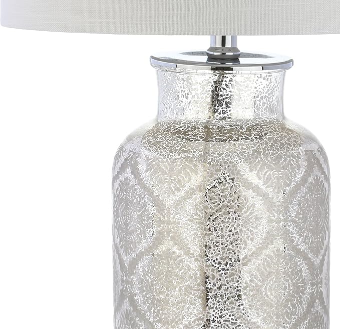 JONATHAN Y 24.5" Mercury Silver Trellis Glass Table Lamp for Living Room, White Linen Shade, Modern Bedside Nightstand Lamp for Bedroom, LED Bulb Included, UL Listed JYL1063A