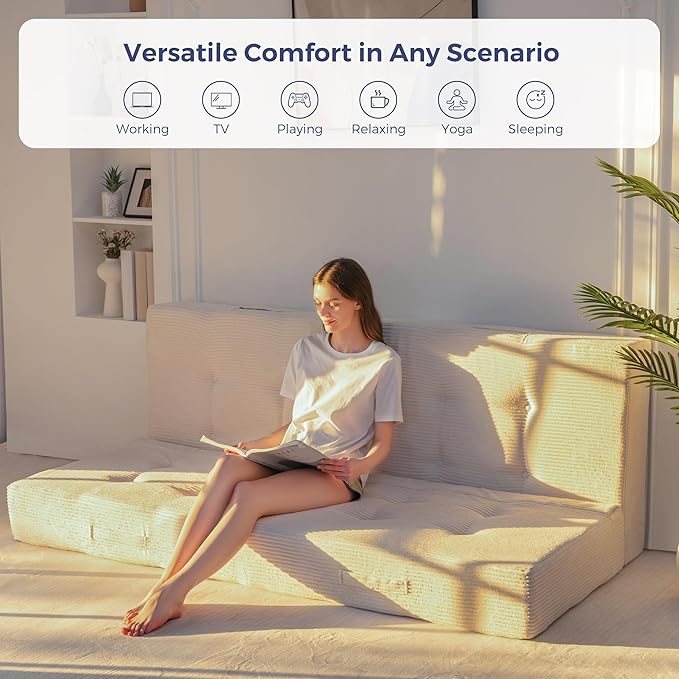 MAXYOYO 8" Foldable Floor Sofa Bed, Tufted Foldable Couch Bed Thick Folding Mattress with Handles, Versatile Folding Sofa Couch for Floor Sleeping, Living Room & Guest Room, Beige