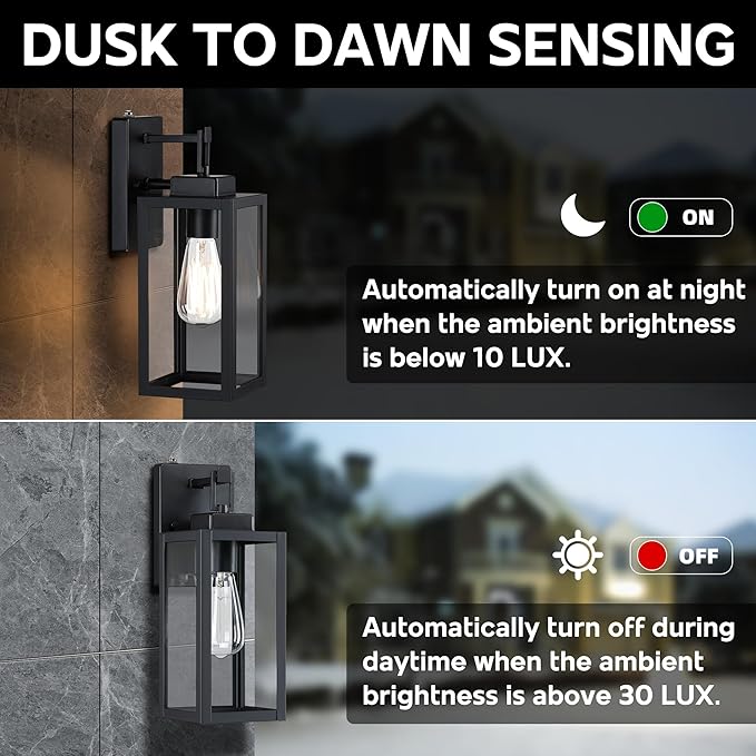 12 Inch Outdoor Wall Lights Dusk to Dawn,Exterior Sconce Lights with Sensor Photocell Black Wall Lantern for Porch Patio Garage Dusk to Dawn Outdoor Lighting