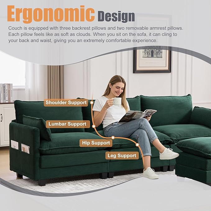 103" Oversized Modular Sectional Sofa Couch with Reversible Ottoman, Free Combination Convertible Corner Couch,Corduroy Upholstered Cloud Sectional Couch with Side Pockets | Multiple Cushions, DIY Combination, Removable Cover