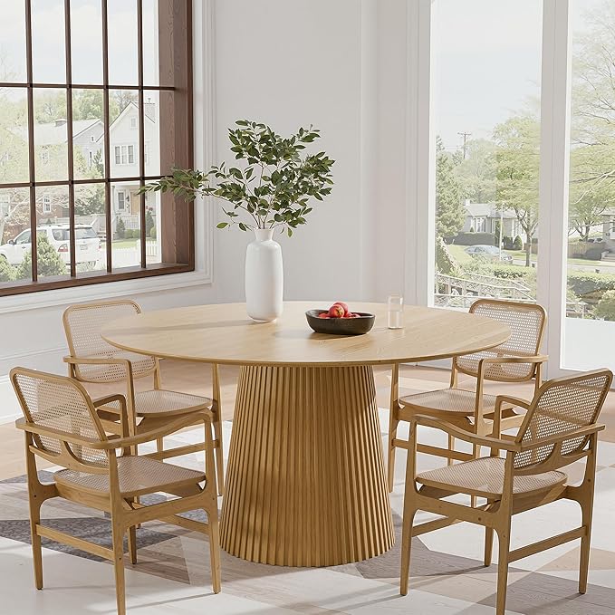 Casaphoria 52" Round Dining Table, Modern Wood Kitchen Table with Cone Grating Bar Base for Living Room & Dining Room, Easy Assembly Farmhouse Furniture for 4-6, Oak