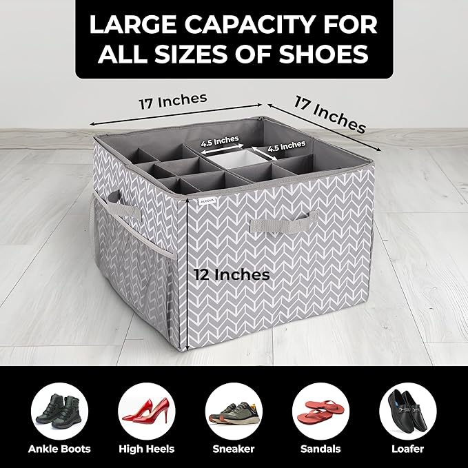 ALCOVA Shoe Organizer for Closet, Shoe Storage Box with Clear Cover, Foldable Shoe Storage Box, Fits up to 12-16 Pairs, Gray