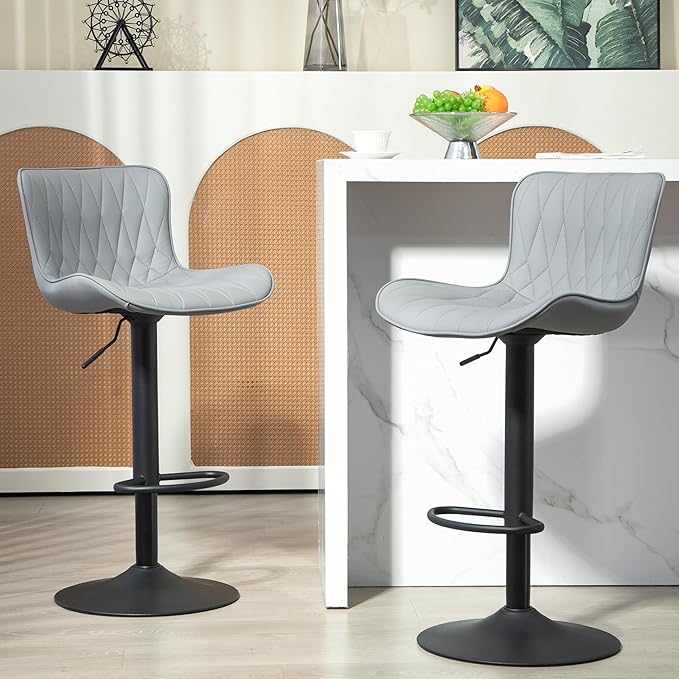 Finnhomy Bar Stools Set of 2, Modern 360° Swivel Faux Leather Bar Stools, 24"-32.5" Seat Height with Back, 330 lbs Capacity, SGS Gas Lift, Upholstered Kitchen Chairs for Kitchen Island, Grey