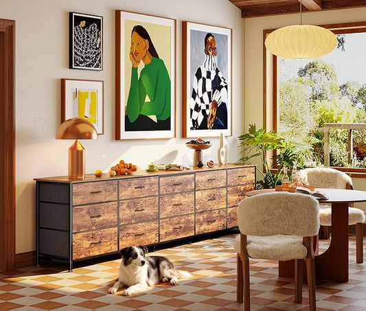 Huuger 86.6 Inch Dresser for Bedroom, TV Stand for 65, 75, 85 Inch TV, 15 Fabric Drawer Long Dresser, Large Entertainment Center for Bedroom, Wide Chest of Drawer with Storage, Rustic Brown