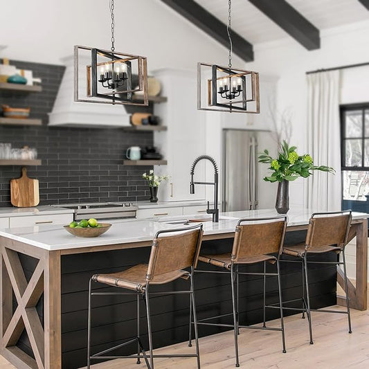 Farmhouse Wooden Chandeliers for Dining Room, 26 Inch Wood Chandelier, 4-Light Rustic Chandelier with Vintage Texture Metal Semi Flush Mount Ceiling Light for Kitchen Island Dining Room Foyer
