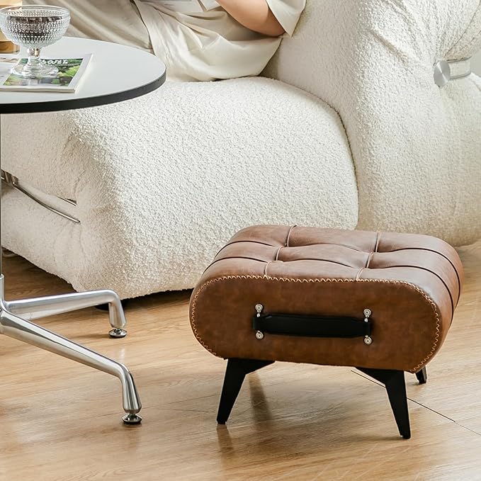 Small Footstool Ottoman - Stylish and Functional Faux Leather Footrest for Extra Seating in Living Room, Entryway, or Office