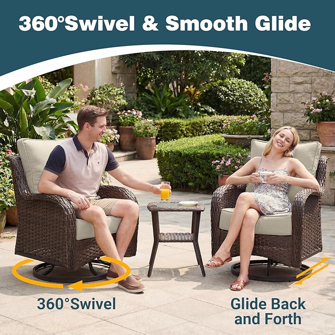 Patio Furniture Set, 7PCS Outdoor Wicker Conversation Set with 6" Thick Cushions, High Back Rattan Sofa & Swivel Rocker Chairs, Weather Resistant Olefin Fabric for Garden, Poolside, Beige