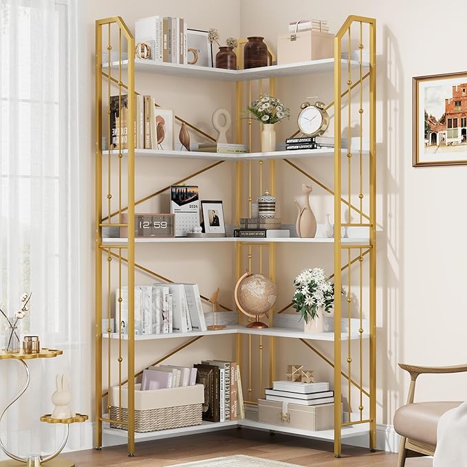 GarveeHome Corner Bookshelf 72" L Shaped Bookcase, Corner Bookshelves Industrial Bookcase 5 Tier L-Shape Bookshelf, Large Bookcases with Beaded Design Tall Display Rack Shelf for Living Room Bedroom