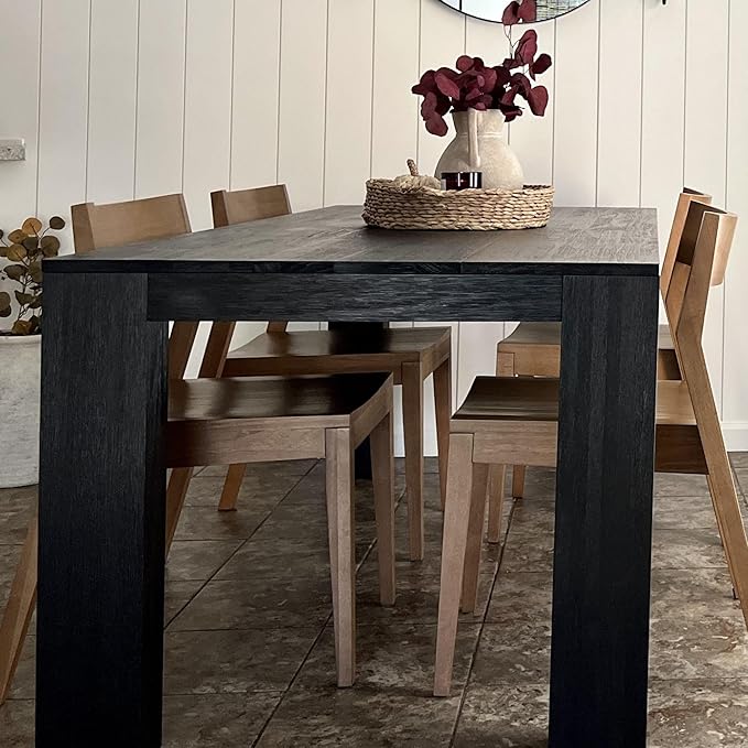 Plank+Beam 72 Inch Modern Solid Wood Dining Table - Solid Pine, Wirebrush Finish, Seats 6, Non-Toxic Finish, Easy Assembly, for Kitchen or Office, Black Wirebrush