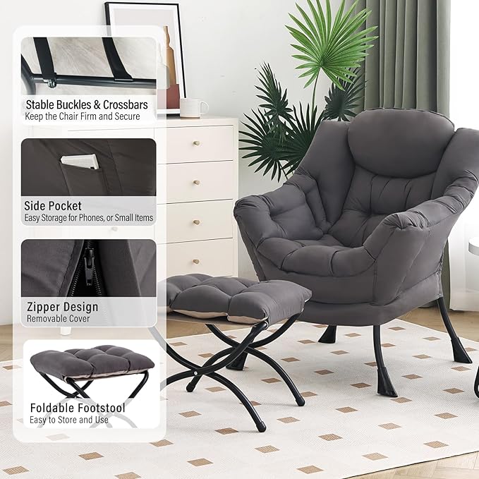 Lazy Chair with Ottoman, Modern Chair with Folding Footrest, Dark Grey Accent Chair, Comfortable Reading Chair, Oversized Armchairs for Bedroom, Study, Living Room, Courtyard