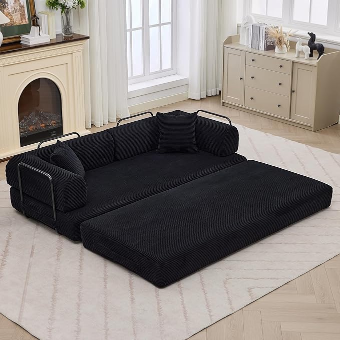 GarveeHome 79" Convertible Sleeper Sofa Bed Couch, 4-in-1 Boneless Corduroy Folding Sofa Bed with Pillow & Fixed-Shape, Floor Mattress Couch Loveseat for Living Room Apartments - No Assembly, Black