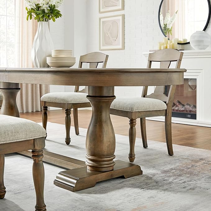 Mid-Century Modern Wooden Dining Table Extendable Oval Dining Table with 18" Leaf and Heavy Duty Column Legs, 76-inch Oversized Oval Wood Diningtable