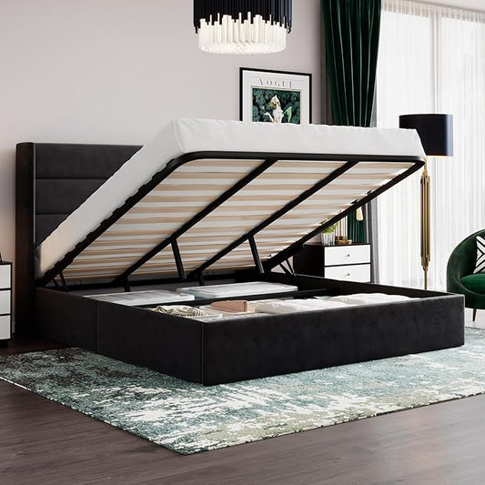SHA CERLIN King Size Lift Up Storage Bed/Velvet Upholstered/Modern Wingback Headboard/Upholstered Platform Bed Frame/Hydraulic Storage/No Box Spring Needed/Black