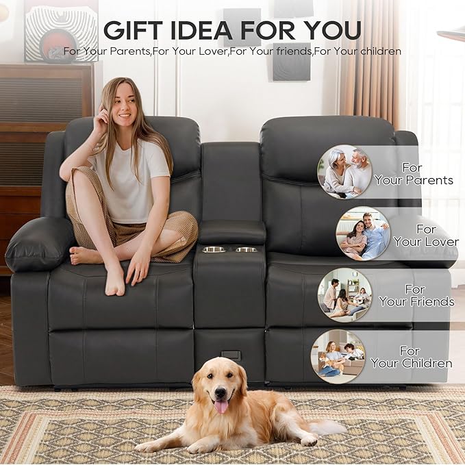 Reclining Loveseat Sofa with Massage & Heat, Recliner Couch, RV Love Seat Chair, Side Pockets, Extra Storage, Cup Holders, Adjustable Headrest & USB Ports for RV, Home Theater, Living Room