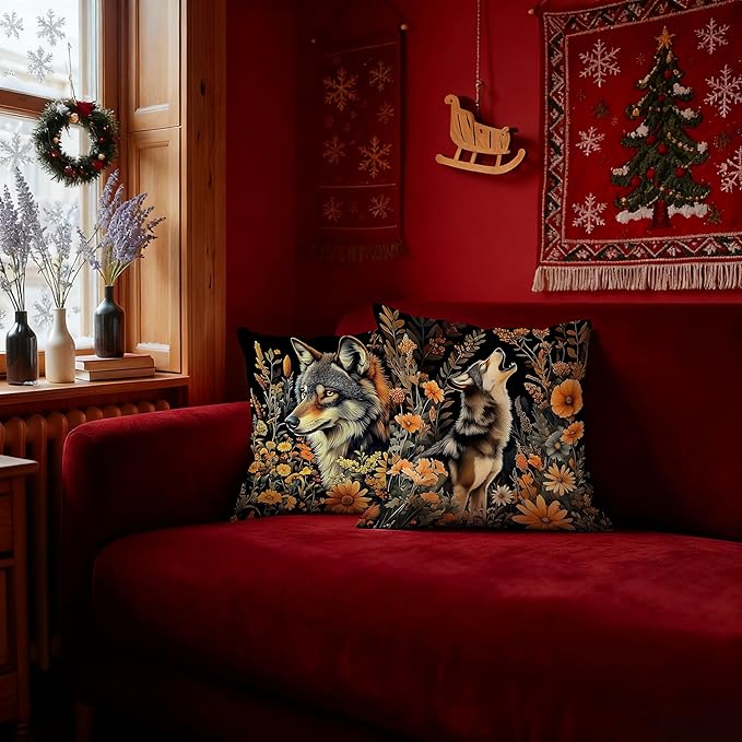 William Morris Inspired-Floral Wolf Pillow Covers 18x18 Set of 2, Dark Cottagecore Decor, Moody Floral Botanical Mysterious Grey Wolf Wild Animal Decor Pillow Covers for Home Living Room Bedroom