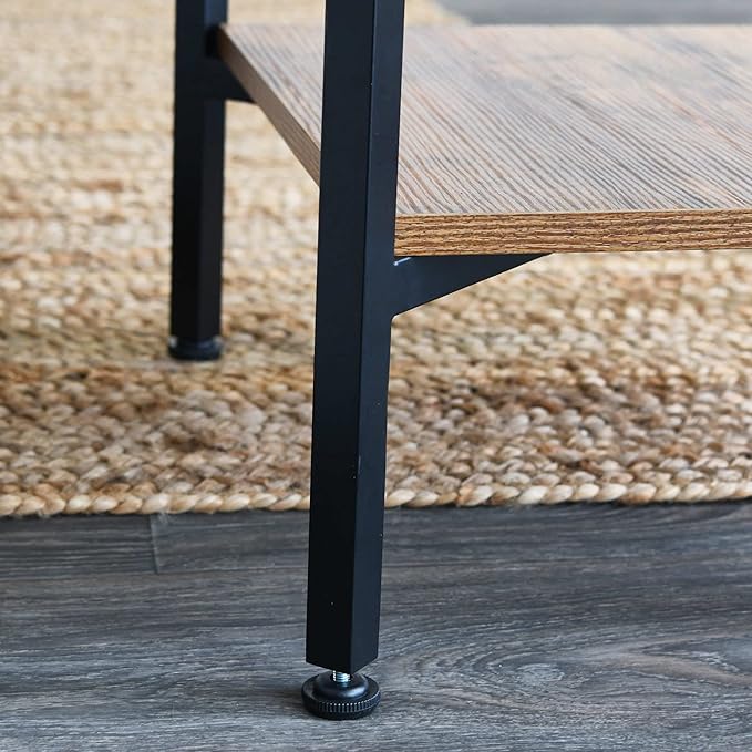 Household Essentials Crown Rectangular Coffee Table with Storage Shelf Rustic Hickory Wood Grain and Black Metal
