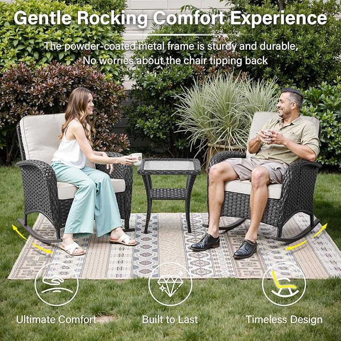 Belord Patio Rocking Chairs Furniture Set - 5 Piece Outdoor Wicker Furniture Sets with Ottomans, Small Patio Conversation Sets with Wicker Rocking Chairs Black/Beige
