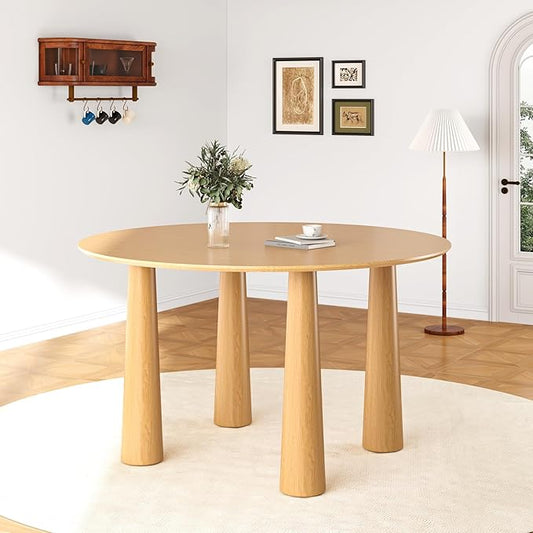 Casaphoria 52" Round Dining Table, Kitchen Table for 6 with Arc-Shaped Edge Top and Cylindrical Legs, Easy Assembly for Living Room, Dining Room, Oak