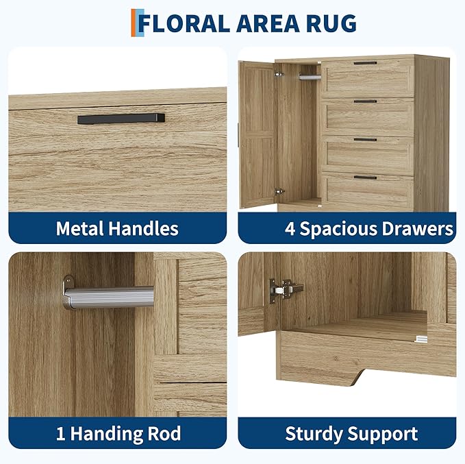 IDEALHOUSE 43.3'' H Armoire Wardrobe Closet with 4 Drawers and Hanging Rod, Multifunctional Wood 4 Drawers Dresser with Storage Closet, Clothing Storage Cabinets for Bedroom, Natural Oak