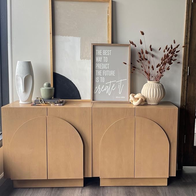 Nathan James Iris Mid-Century Modern Credenza, Brown TV Stand, Living Room Wood Storage Cabinet with Arched Cabinet Doors, Raw Oak, Set of 4