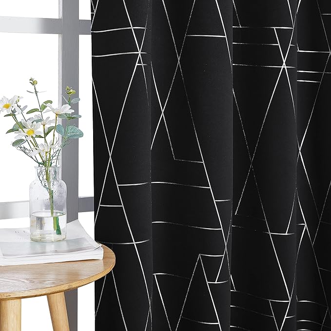 NICETOWN Blackout Curtains for Patio, Modern Foil Printed Geometric Line Home Decoration Thermal Insulated Grommet Blackout Drapes for Large Window Living Room (2 Panels, 52 inches x 95 inches, Black)