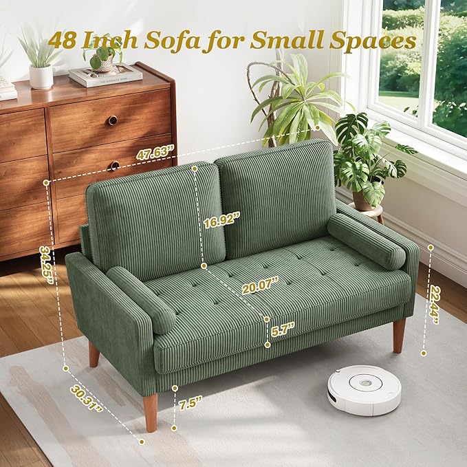 Vesgantti Loveseat Sofa with Solid Wood Legs,48" Small Corduroy Couches for Small Spaces, Mid Century Modern Love Seat for Living Room, Bedroom, Easy Assembly with Throw Pillow, Green