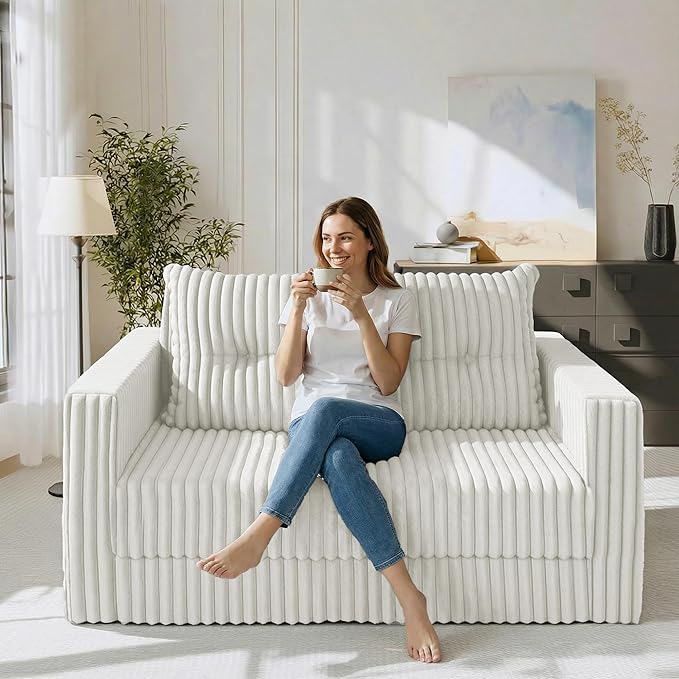 HABUTWAY Folding Sofa Bed, 2 in 1 Convertible Sleeper Chair with Pillow, Portable Fold Out Chair Bed with Armrest, Comfy Floor Couch, Lazy Sofa for Living Room Bedroom Dorm Home Office, Beige