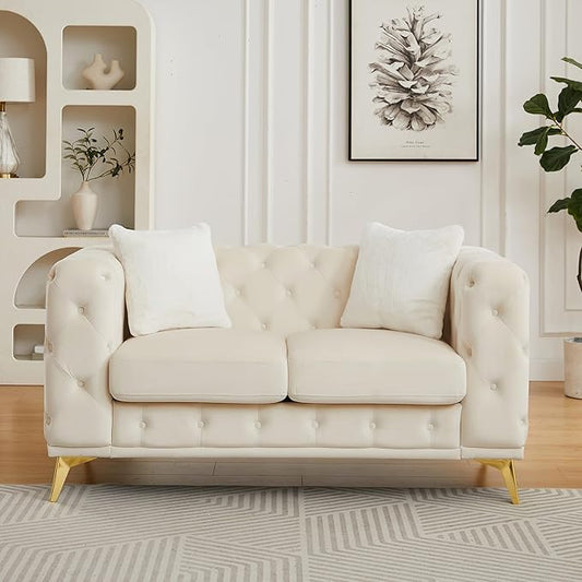 KEIKI 61" Luxury Oversized Velvet Chesterfield Sofa with 2 Pillows, Mid-Century Style 2-Seater Tufted Buttons Couch with High-Density Foam Cushions, Easy Assembly, for Apartment, Living Room, Beige