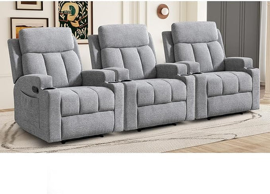 CANMOV Manual Massage Heat Recliner Chair Set of 3,Soft Fabric Recliner Chair with Overstuffed Arm and Back, Manual Reclining Single Sofa with 2 Cup Holders, Side Pocket for Living Room,Light Grey
