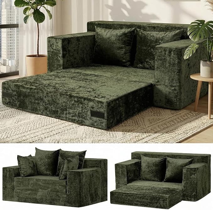 Convertible Sofa Bed, 5 in 1 Small Boneless Couch Pull Out Loveseat Sleeper Sofa,Corduroy Futon Couch Folding Mattress with 4 Pillows for Living Room (Green, Loveseat(Silky Velvet))
