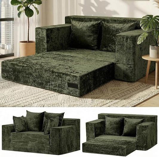 Convertible Sofa Bed, 5 in 1 Small Boneless Couch Pull Out Loveseat Sleeper Sofa,Corduroy Futon Couch Folding Mattress with 4 Pillows for Living Room (Green, Loveseat(Silky Velvet))