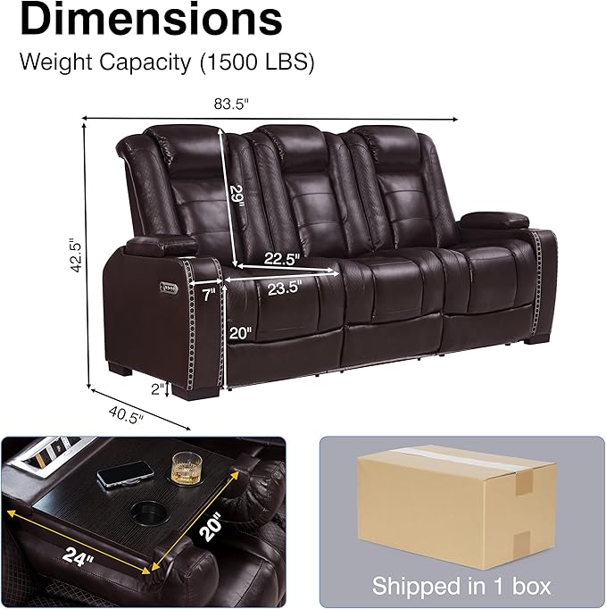 THSUPER Brown Leather Power Recliner Sofa Couch with Arm Storage and Power Headrest, Leather Living Room Reclining Couch with Cup Holders and Wireless Charging. | LED ambient light, Reading light, Hidden outlet, USB and Type-C port