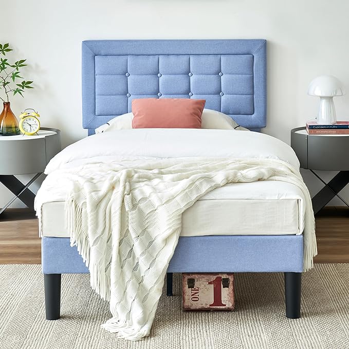 VECELO Twin Size Bed Frame with Adjustable Headboard, Upholstered Button Tufted Bedframe with Wood Slats Support, No Box Spring Needed, Light Blue
