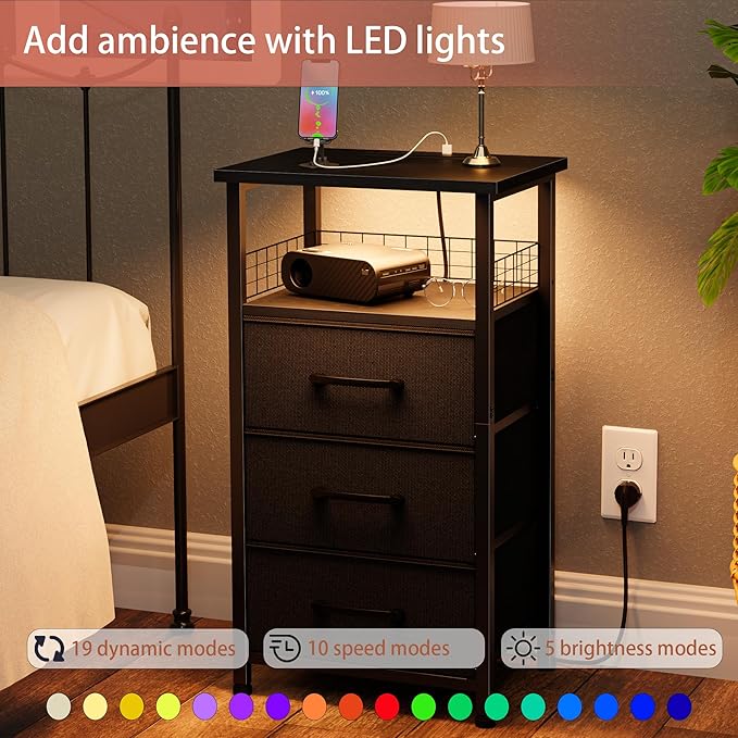 Night Stand Set 2 with Charging Station, End Table Set of 2 with 20 Colors LED Light Strip, 3 Fabric Drawers, Bedside Table with USB Ports and Outlets for Bedroom (Black)