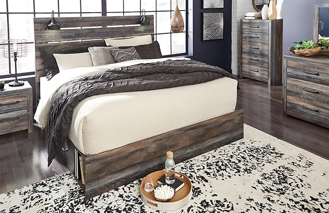 Signature Design by Ashley Drystan Rustic King Panel Platform Bed with 4 Storage Drawers, Open Cubbies, Sconce LED Lights and USB Ports, Foundation or Box Spring Not Needed, Dark Brown & Gray
