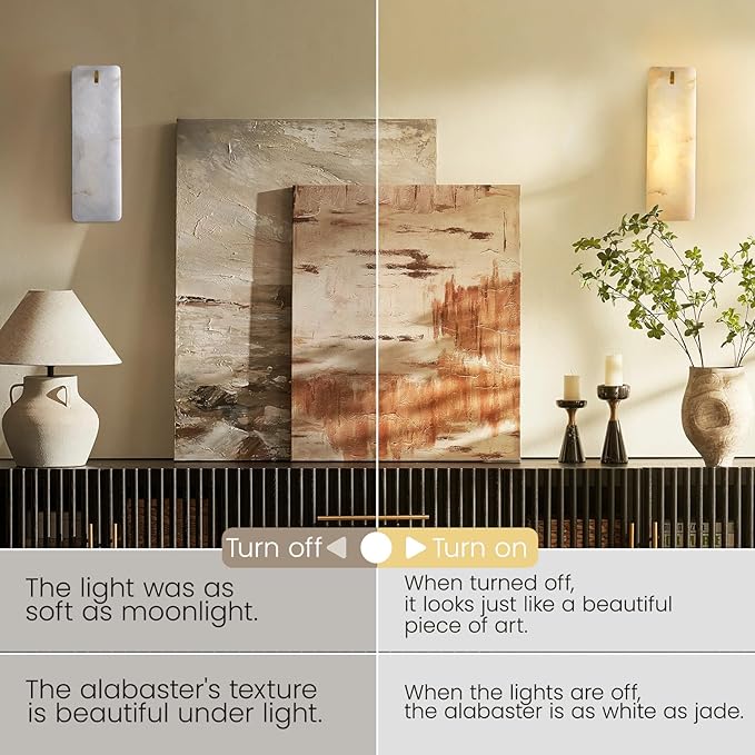 Modern Rectangular Alabaster Wall Sconce 16 Inch, Natural Spanish Stone Vanity Light Fixture, Brass Gold Dimmable Hardwired E12, Luxury Sconces for Bathroom Mirror Bedroom Bedside Corridor Home Decor