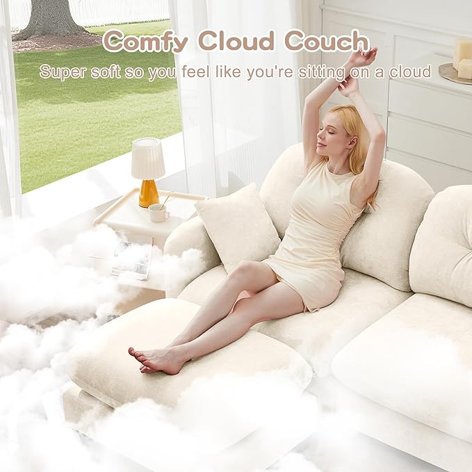 KEIKI 74" Oversized Chenille Modular Sectional Loveseat Sofa with 2 Ottoman, High-Density Foam Cushions, Tufted Pleated Cushion Backrest, Modern 2-Seater Couch with 2 Pillow, for Living Room, Beige