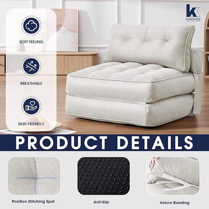 KINGYES Folding Chair Bed, 3 in 1 Convertible Sleeper Chair with Pillow, Beige